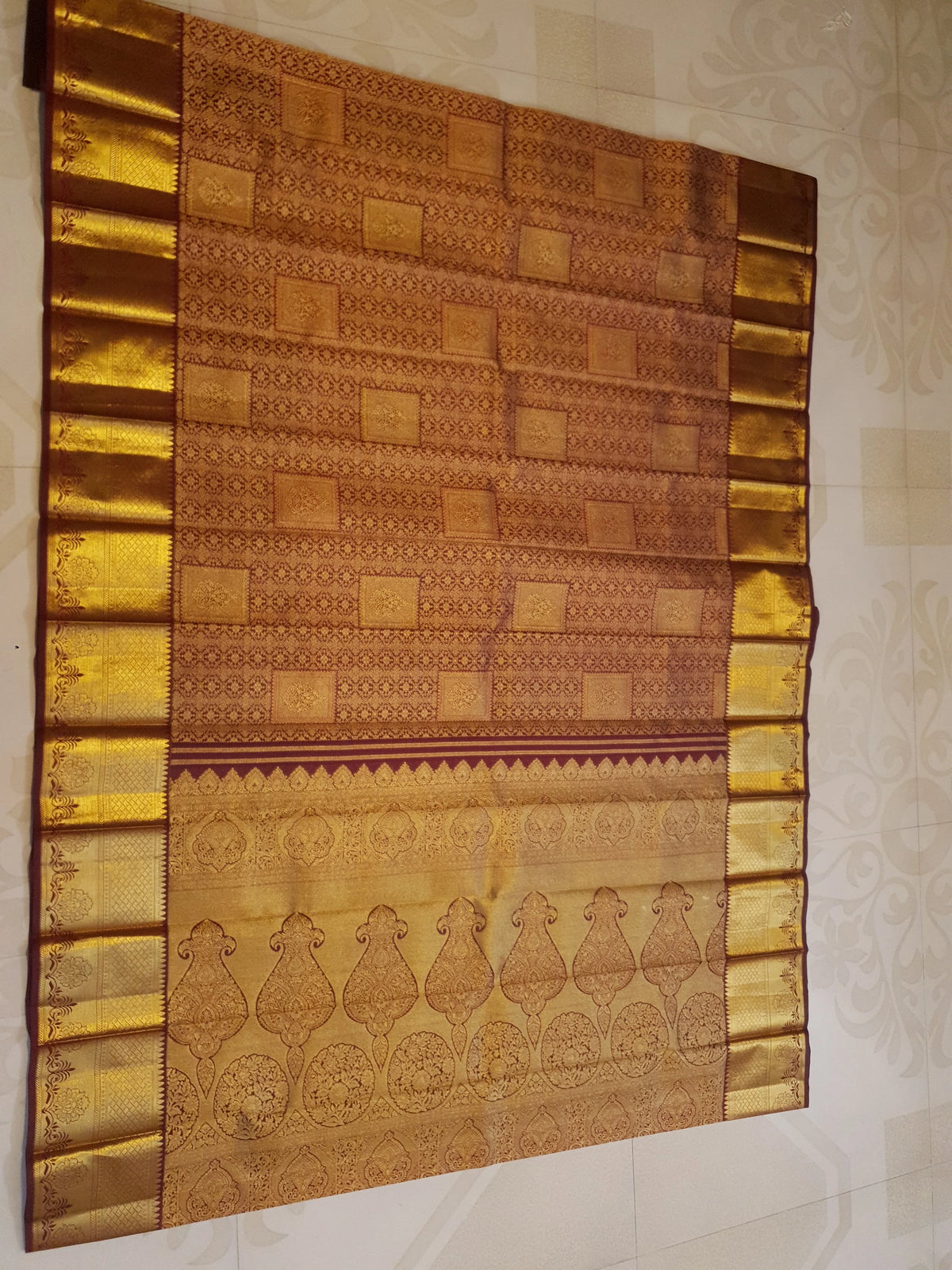 2G Pure Kanjivaram Silk Saree in Rich Maroon with Antique Gold Brocade, Geometric Buttas and Grand Zari Pallu | Silkmark Certified