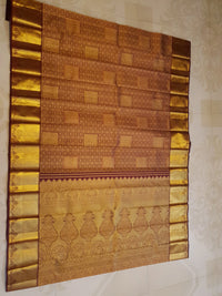 2G Pure Kanjivaram Silk Saree in Rich Maroon with Antique Gold Brocade, Geometric Buttas and Grand Zari Pallu | Silkmark Certified