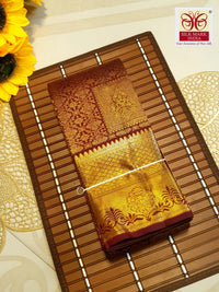 2G Pure Kanjivaram Silk Saree in Rich Maroon with Antique Gold Brocade, Geometric Buttas and Grand Zari Pallu | Silkmark Certified