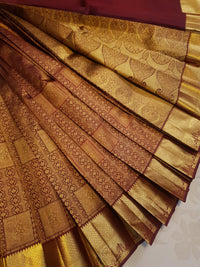 2G Pure Kanjivaram Silk Saree in Rich Maroon with Antique Gold Brocade, Geometric Buttas and Grand Zari Pallu | Silkmark Certified