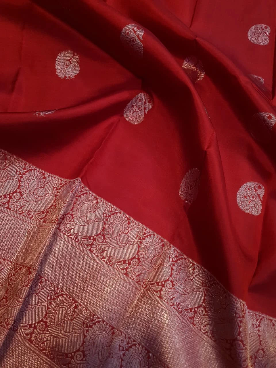 2G Pure Kanjivaram Silk Saree in Rich Red with Silver Zari Peacock Buttas and Intricate Floral Brocade Pallu | Silkmark Certified