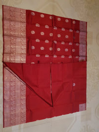 2G Pure Kanjivaram Silk Saree in Rich Red with Silver Zari Peacock Buttas and Intricate Floral Brocade Pallu | Silkmark Certified