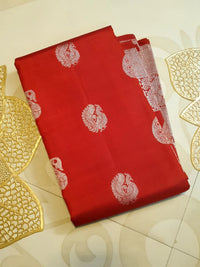 2G Pure Kanjivaram Silk Saree in Rich Red with Silver Zari Peacock Buttas and Intricate Floral Brocade Pallu | Silkmark Certified