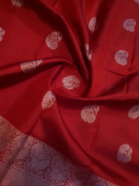 2G Pure Kanjivaram Silk Saree in Rich Red with Silver Zari Peacock Buttas and Intricate Floral Brocade Pallu | Silkmark Certified