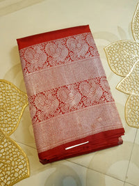 2G Pure Kanjivaram Silk Saree in Rich Red with Silver Zari Peacock Buttas and Intricate Floral Brocade Pallu | Silkmark Certified