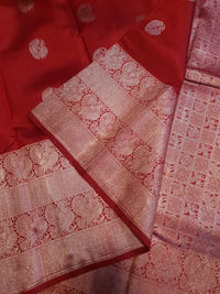 2G Pure Kanjivaram Silk Saree in Rich Red with Silver Zari Peacock Buttas and Intricate Floral Brocade Pallu | Silkmark Certified