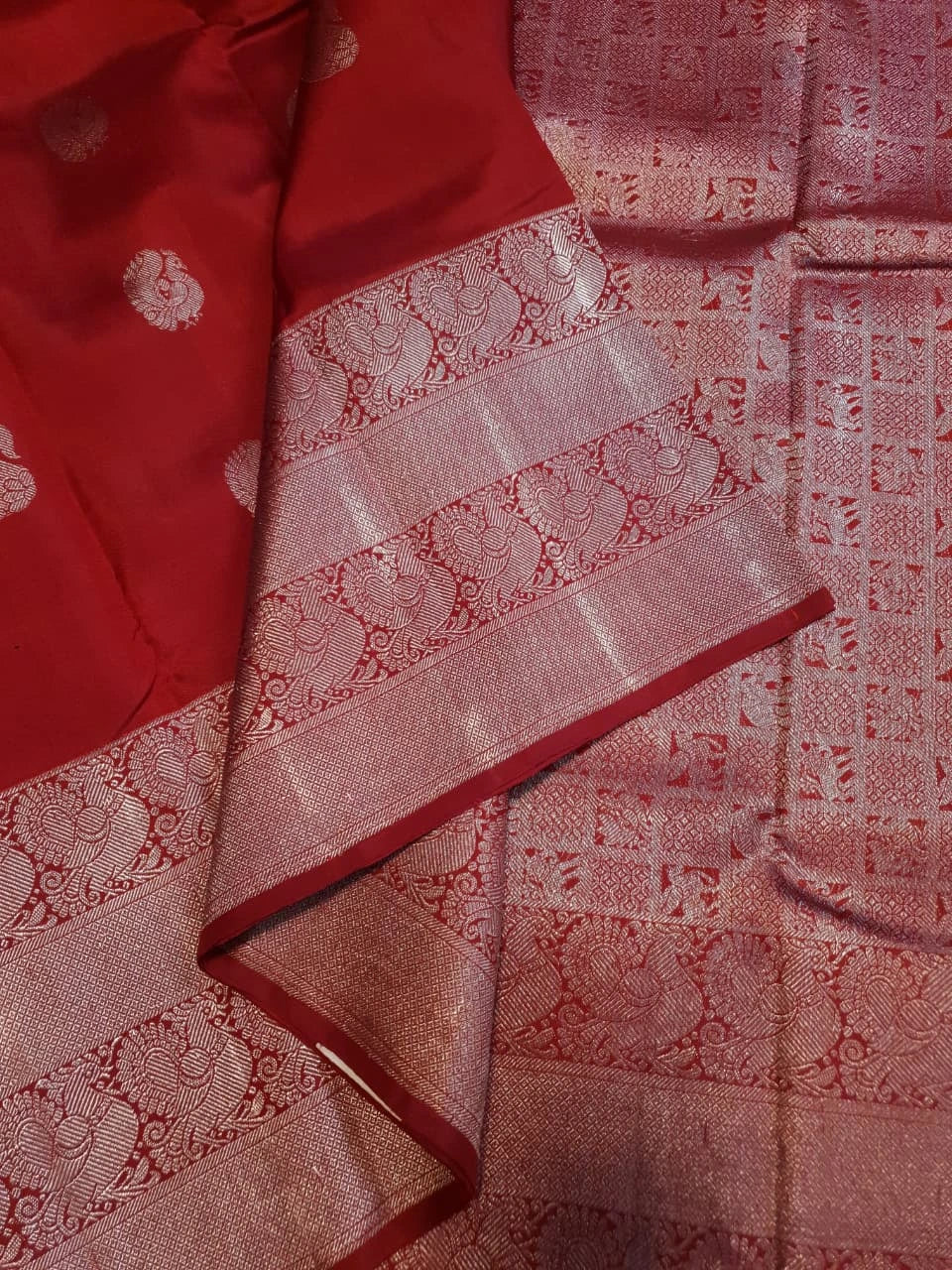 2G Pure Kanjivaram Silk Saree in Rich Red with Silver Zari Peacock Buttas and Intricate Floral Brocade Pallu | Silkmark Certified