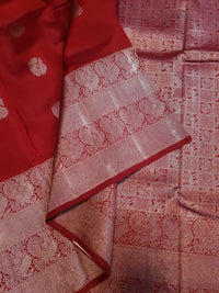2G Pure Kanjivaram Silk Saree in Rich Red with Silver Zari Peacock Buttas and Intricate Floral Brocade Pallu | Silkmark Certified
