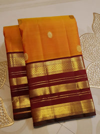 2G Pure Kanjivaram Silk Saree in Bright Orange with Maroon Zari Border and Traditional Gold Zari Buttas | Silkmark Certified