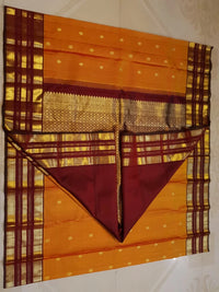 2G Pure Kanjivaram Silk Saree in Bright Orange with Maroon Zari Border and Traditional Gold Zari Buttas | Silkmark Certified