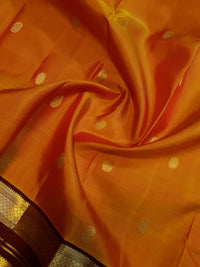 2G Pure Kanjivaram Silk Saree in Bright Orange with Maroon Zari Border and Traditional Gold Zari Buttas | Silkmark Certified
