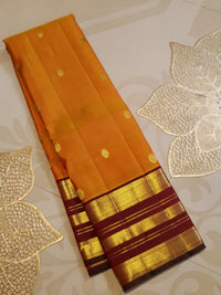 2G Pure Kanjivaram Silk Saree in Bright Orange with Maroon Zari Border and Traditional Gold Zari Buttas | Silkmark Certified