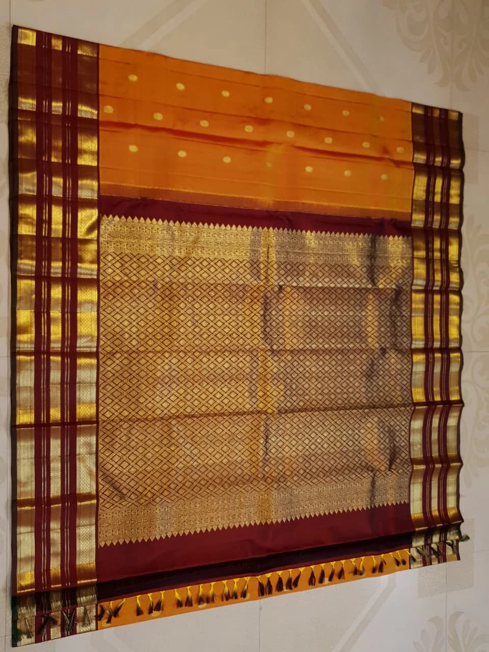 2G Pure Kanjivaram Silk Saree in Bright Orange with Maroon Zari Border and Traditional Gold Zari Buttas | Silkmark Certified