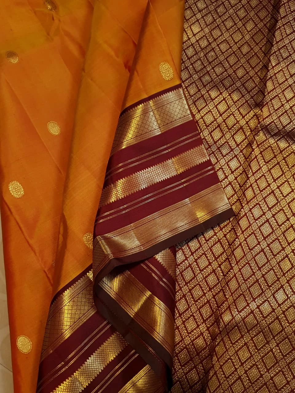 2G Pure Kanjivaram Silk Saree in Bright Orange with Maroon Zari Border and Traditional Gold Zari Buttas | Silkmark Certified
