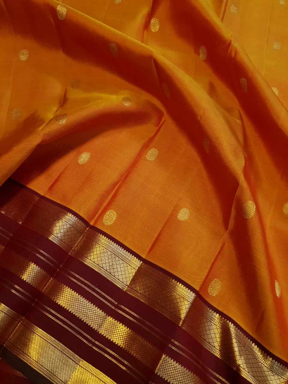 2G Pure Kanjivaram Silk Saree in Bright Orange with Maroon Zari Border and Traditional Gold Zari Buttas | Silkmark Certified