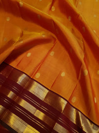 2G Pure Kanjivaram Silk Saree in Bright Orange with Maroon Zari Border and Traditional Gold Zari Buttas | Silkmark Certified