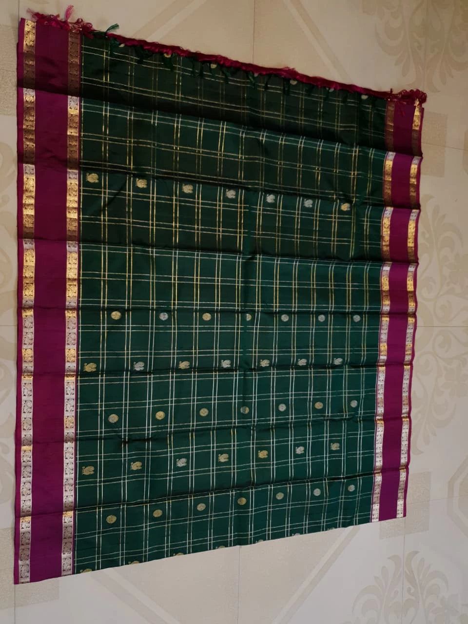 2G Pure Kanjivaram Silk Saree in Deep Bottle Green with Magenta Border, Gold Zari Checks and Traditional Buttas | Silkmark Certified