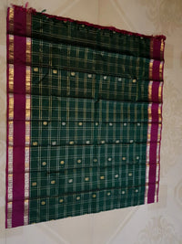 2G Pure Kanjivaram Silk Saree in Deep Bottle Green with Magenta Border, Gold Zari Checks and Traditional Buttas | Silkmark Certified