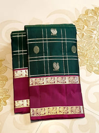 2G Pure Kanjivaram Silk Saree in Deep Bottle Green with Magenta Border, Gold Zari Checks and Traditional Buttas | Silkmark Certified
