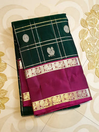 2G Pure Kanjivaram Silk Saree in Deep Bottle Green with Magenta Border, Gold Zari Checks and Traditional Buttas | Silkmark Certified