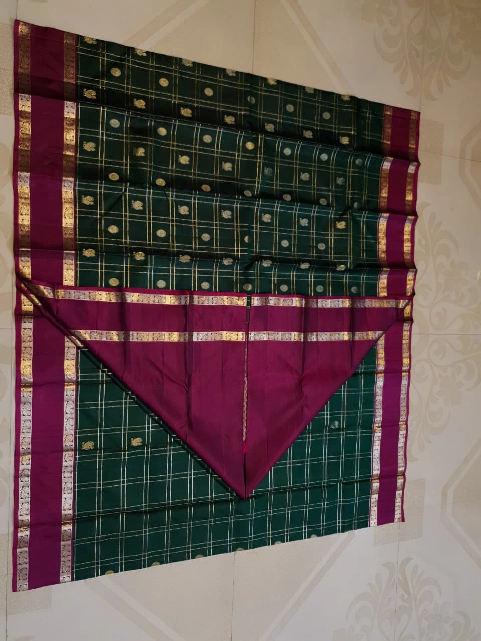 2G Pure Kanjivaram Silk Saree in Deep Bottle Green with Magenta Border, Gold Zari Checks and Traditional Buttas | Silkmark Certified