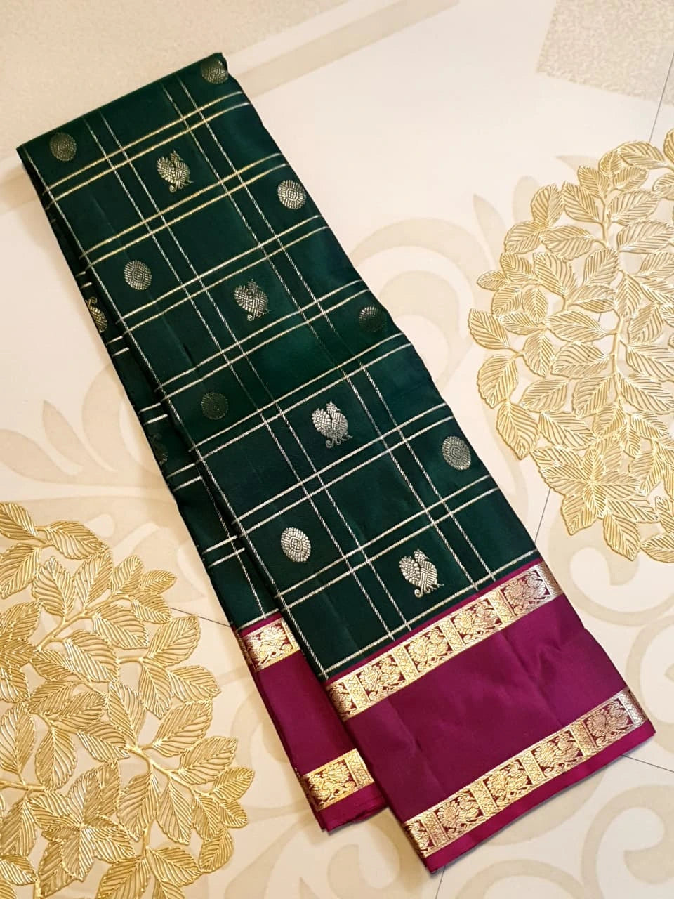 2G Pure Kanjivaram Silk Saree in Deep Bottle Green with Magenta Border, Gold Zari Checks and Traditional Buttas | Silkmark Certified