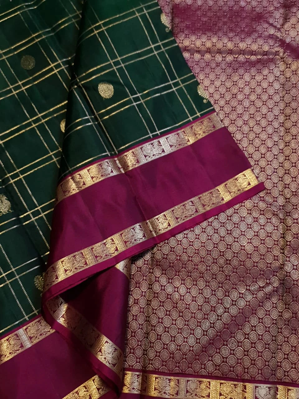 2G Pure Kanjivaram Silk Saree in Deep Bottle Green with Magenta Border, Gold Zari Checks and Traditional Buttas | Silkmark Certified
