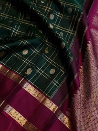 2G Pure Kanjivaram Silk Saree in Deep Bottle Green with Magenta Border, Gold Zari Checks and Traditional Buttas | Silkmark Certified