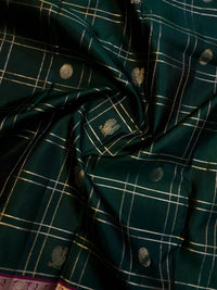 2G Pure Kanjivaram Silk Saree in Deep Bottle Green with Magenta Border, Gold Zari Checks and Traditional Buttas | Silkmark Certified