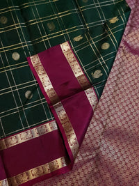 2G Pure Kanjivaram Silk Saree in Deep Bottle Green with Magenta Border, Gold Zari Checks and Traditional Buttas | Silkmark Certified