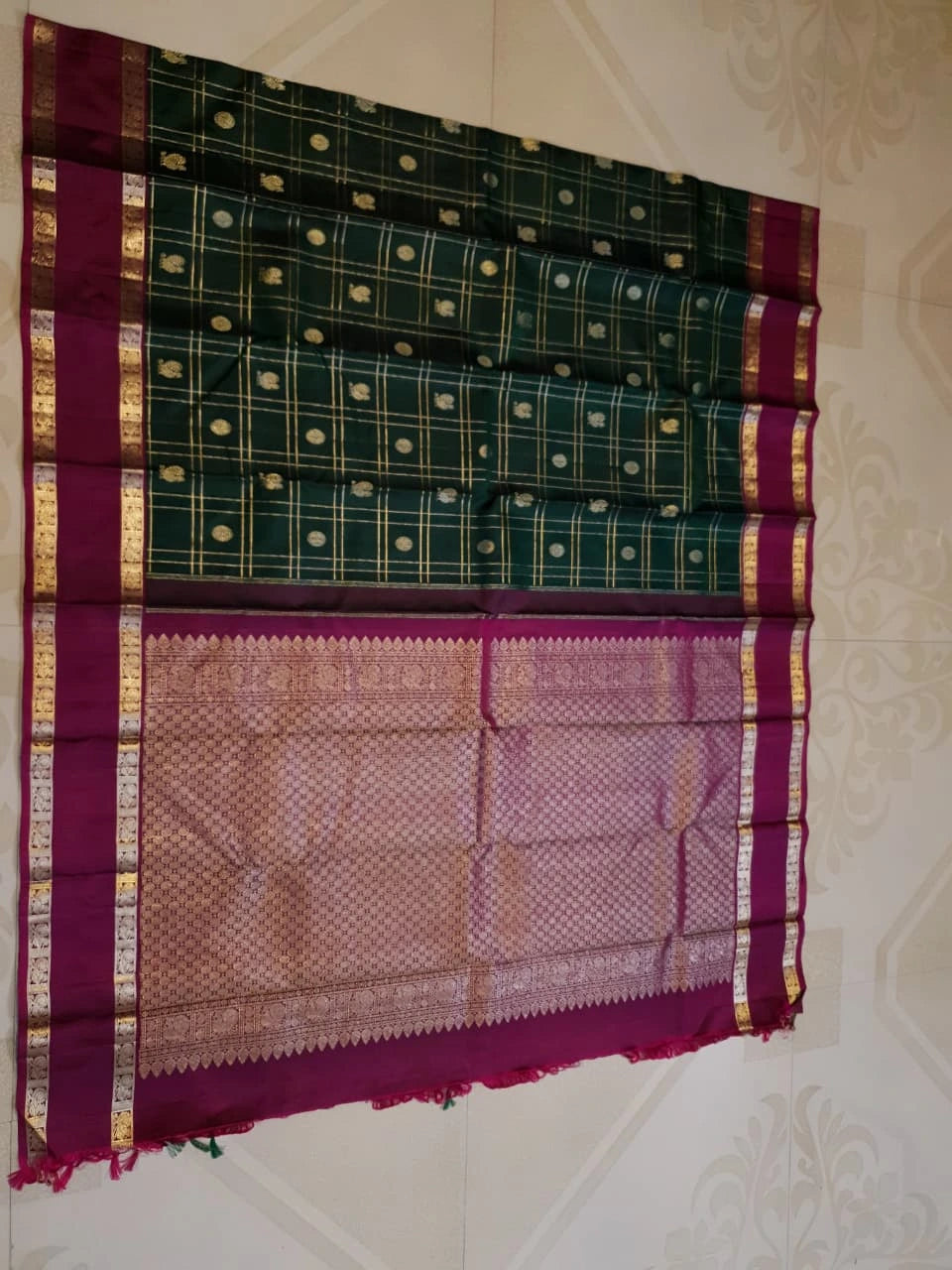 2G Pure Kanjivaram Silk Saree in Deep Bottle Green with Magenta Border, Gold Zari Checks and Traditional Buttas | Silkmark Certified