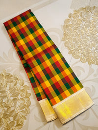 2G Pure Kanjivaram Silk Saree in Multicolour Checks with Rich Gold Zari Border | Silkmark Certified