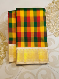 2G Pure Kanjivaram Silk Saree in Multicolour Checks with Rich Gold Zari Border | Silkmark Certified