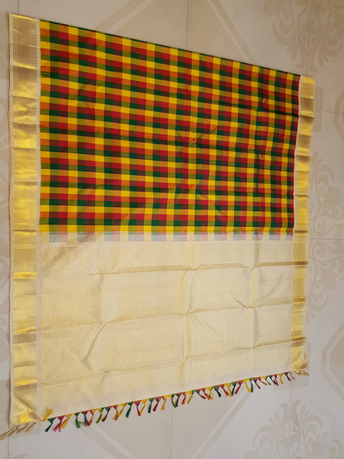 2G Pure Kanjivaram Silk Saree in Multicolour Checks with Rich Gold Zari Border | Silkmark Certified