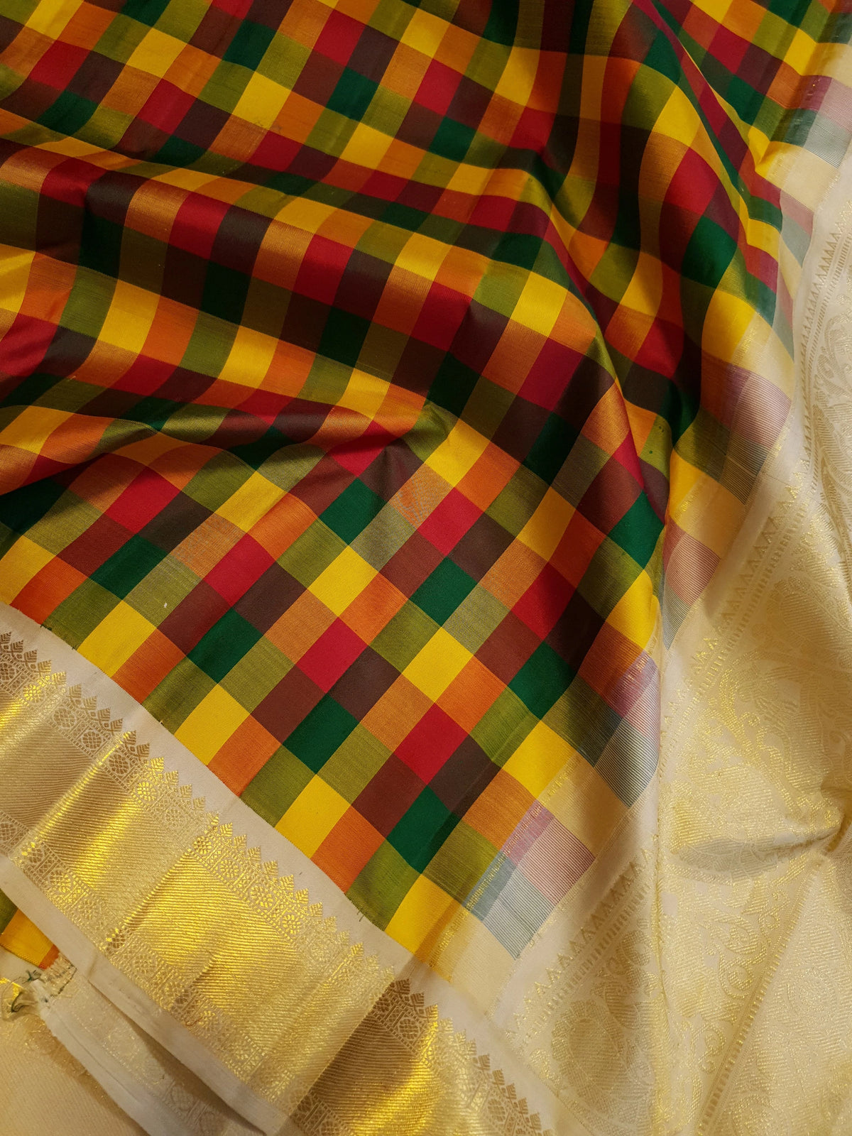 2G Pure Kanjivaram Silk Saree in Multicolour Checks with Rich Gold Zari Border | Silkmark Certified