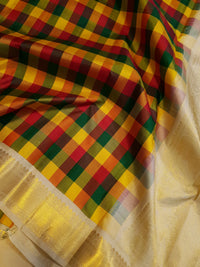 2G Pure Kanjivaram Silk Saree in Multicolour Checks with Rich Gold Zari Border | Silkmark Certified
