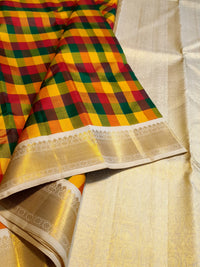 2G Pure Kanjivaram Silk Saree in Multicolour Checks with Rich Gold Zari Border | Silkmark Certified