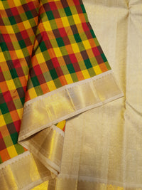 2G Pure Kanjivaram Silk Saree in Multicolour Checks with Rich Gold Zari Border | Silkmark Certified