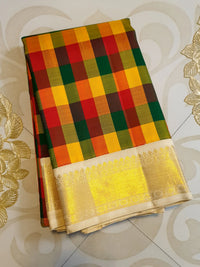 2G Pure Kanjivaram Silk Saree in Multicolour Checks with Rich Gold Zari Border | Silkmark Certified