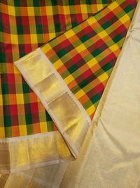 2G Pure Kanjivaram Silk Saree in Multicolour Checks with Rich Gold Zari Border | Silkmark Certified
