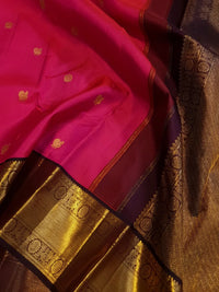 2G Pure Korvai  Kanjivaram Silk Saree in Rani Pink with Brown Antique Gold Zari Peacock Butta Border and Buttas | Silkmark Certified