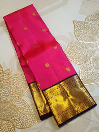2G Pure Korvai  Kanjivaram Silk Saree in Rani Pink with Brown Antique Gold Zari Peacock Butta Border and Buttas | Silkmark Certified
