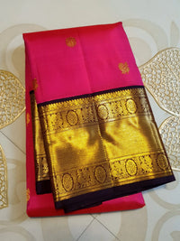 2G Pure Korvai  Kanjivaram Silk Saree in Rani Pink with Brown Antique Gold Zari Peacock Butta Border and Buttas | Silkmark Certified