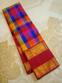 2G Pure Korvai  Kanjivaram Silk Saree in Multicolour Checks with Rich Maroon Gold Zari Floral Border | Silkmark Certified