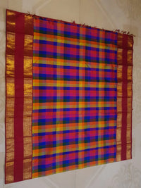 2G Pure Korvai  Kanjivaram Silk Saree in Multicolour Checks with Rich Maroon Gold Zari Floral Border | Silkmark Certified
