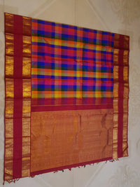 2G Pure Korvai  Kanjivaram Silk Saree in Multicolour Checks with Rich Maroon Gold Zari Floral Border | Silkmark Certified