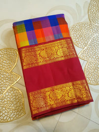 2G Pure Korvai  Kanjivaram Silk Saree in Multicolour Checks with Rich Maroon Gold Zari Floral Border | Silkmark Certified