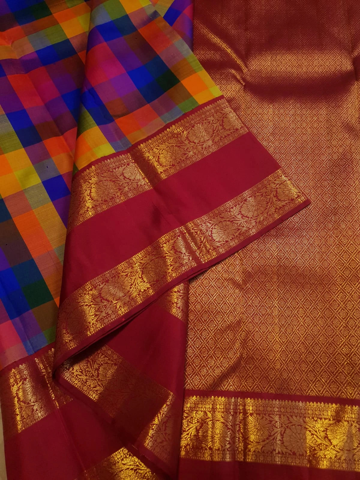 2G Pure Korvai  Kanjivaram Silk Saree in Multicolour Checks with Rich Maroon Gold Zari Floral Border | Silkmark Certified