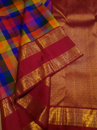 2G Pure Korvai  Kanjivaram Silk Saree in Multicolour Checks with Rich Maroon Gold Zari Floral Border | Silkmark Certified