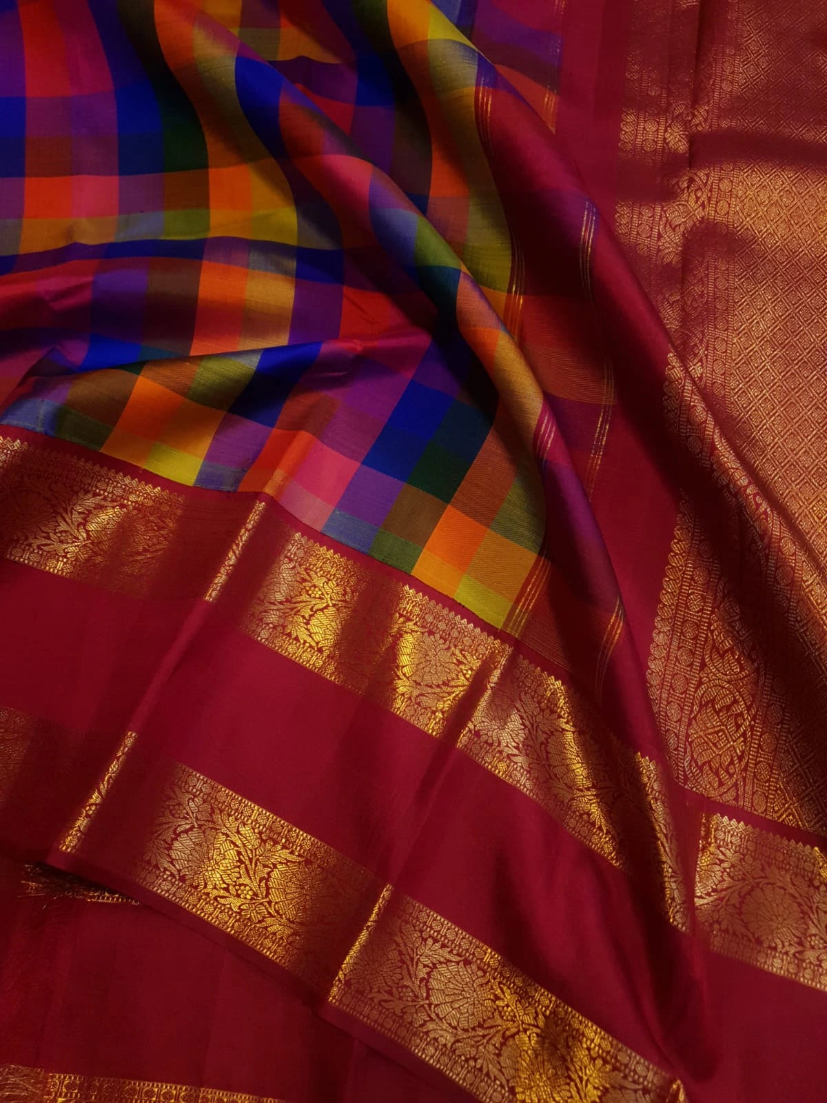 2G Pure Korvai  Kanjivaram Silk Saree in Multicolour Checks with Rich Maroon Gold Zari Floral Border | Silkmark Certified
